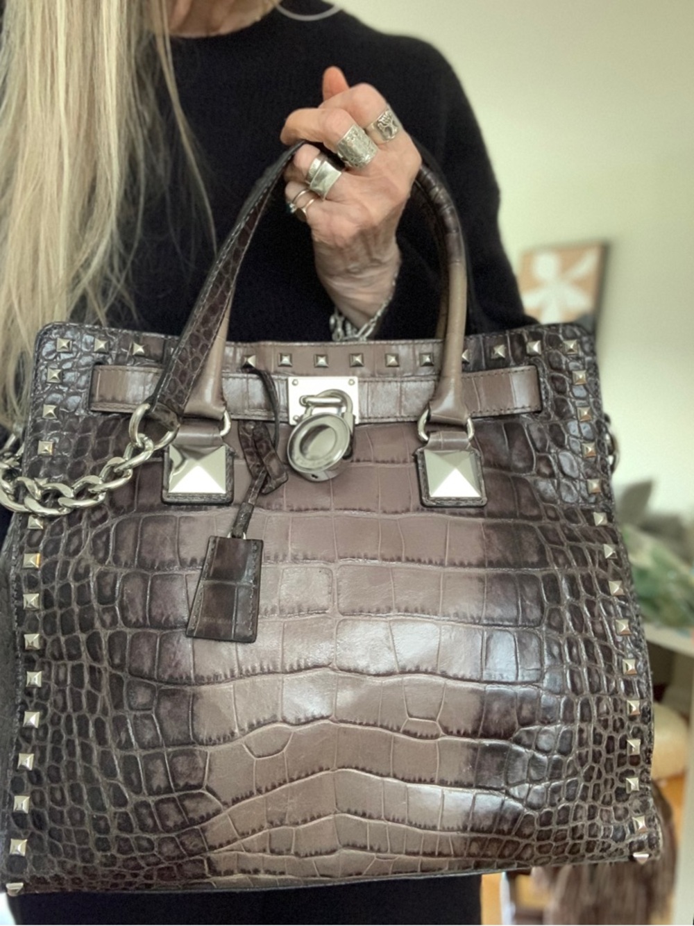 MICHAEL KORS HAMILTON GREY OMBRÉ  CROC EMBOSSED STUDDED SATCHEL SHOULDER BAG - Picture 2 of 11